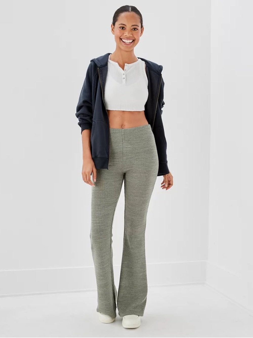 Ribbed Flare sweater Knit Pants - Olive